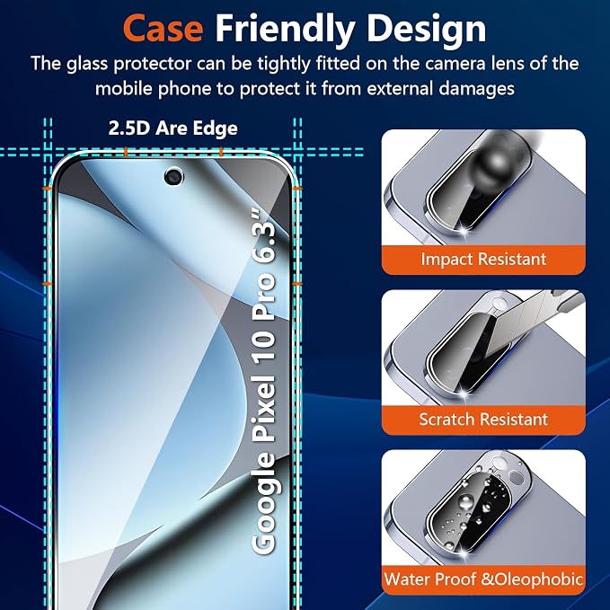 (3+2 Pack) Glass Screen Protector for Google Pixel 10 Pro with Camera Lens Protector,9H Tempered Glass,Fingerprint Unlock,Anti-Scratch,Bubble Free,Case Friendly - Clear - Image 6