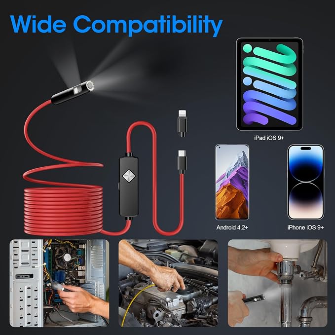 Endoscope with Light, 1920P HD Borescope with 8 Adjustable LED Lights, Semi-Rigid Snake Camera, IP67 Waterproof Inspection Tool (16.4ft, Red Harness + Dual Lens) - Image 6