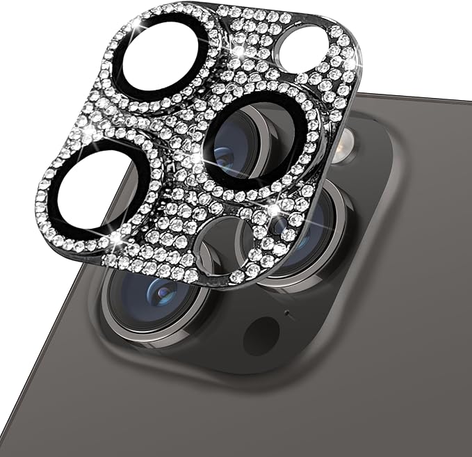 Designed for iPhone 14 Pro and 14 Pro Max Camera Lens Protector, Bling Rhinestone Sparkle Diamond 9H Tempered Glass Lens Cover Shockproof Full Protective Camera Cover, Black by Hsefo