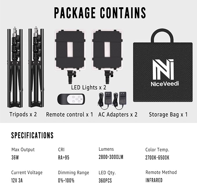 NiceVeedi 2-Pack Photography Lighting Kit, 36W Bi-Color Studio Lights 2700-6500K CRI 95+, Dimmable LED Video Light Kit with Remote Control & 72” Tripod Stand, Lighting for Video Recording/Photography - Image 7