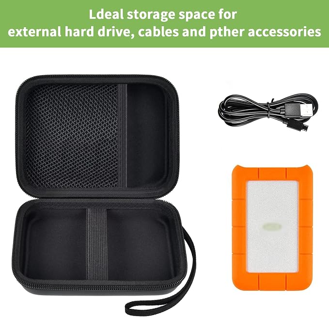 ALKOO Case for LaCie Rugged Mini 1TB/2TB/4TB/5TB External Hard Drive | Portable HDD Holder, Cable Pocket, SD Card Storage, for Photographers, Creators, Students, Office, Travel, Case Only, Black - Image 2