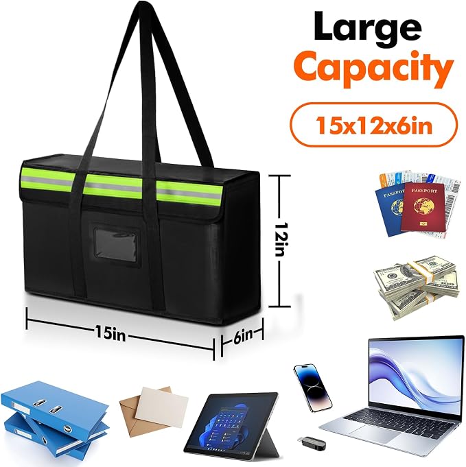 Large Fireproof Document Bag for Home Safe Storage, 15 x 12 x 6in, Black | 2000°F Fireproof document box, 4-layer fiberglass important document storage for photo, file and cash with reflective strip - Image 2