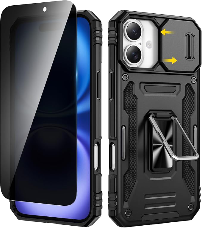 VEGO for iPhone 16 Plus Case with Camera Cover & Privacy Screen Protector | Tempered Glass Screen Protector & Ring Kickstand Military Grade Heavy Duty Protection Cover for iPhone 16 Plus - Black by VEGO