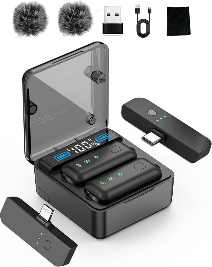 Wireless Lavalier Microphone with 36H Charging Case, Mini Lapel Mic for iPhone Android PC, Plug-and-Play USB-C/Lightning, 165FT Range for Podcast, Live Streaming, Recording by EVINYEP