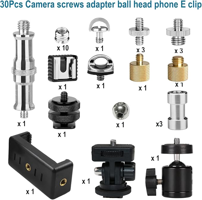 30Pack Camera Tripod Screw Mount Kit 1/4 to 3/8 Inch Adapter Threaded Converter 1/4" Swivel Ball Head and Hot Shoe E Clip for DSLR/Monopod/Flash Light/Quick Release Plate - Image 7