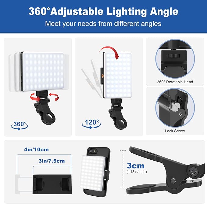 Selfie Light, Phone Light with Front & Back Clip, 60 LED Portable Light with 3 Modes, 5000mAh Rechargeable Video Light for Phone, iPhone, IPad, Laptop, TikTok, Makeup, Live Stream, Vlog(Black) - Image 7