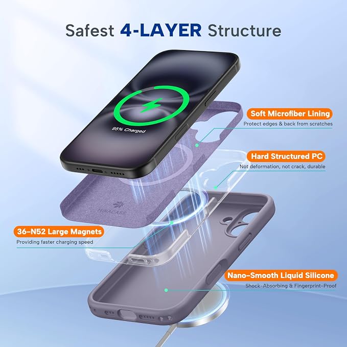 Miracase Silicone & Magnetic for iPhone 16 Case, Lavender Gray | Compatible with MagSafe, Anti-Scratch Microfiber Lining, Liquid Silicone Case Shockproof Drop Protection Phone Case for 16 - Image 3