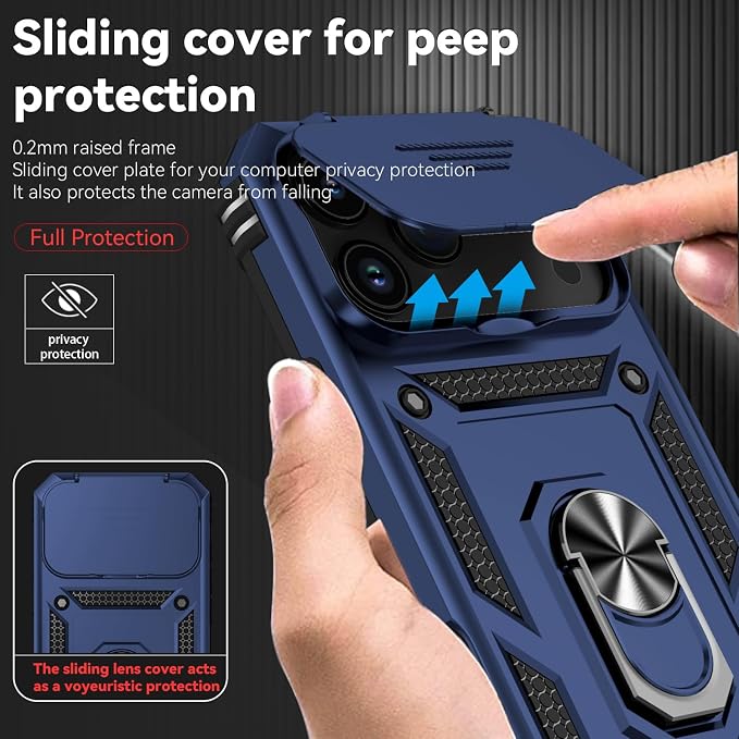 SunStory Phone Case for iPhone 17 Pro Max Case with HD Screen Protector & Slide Camera Cover & Rotated Ring Kickstand, [Military-Grade] Phone Case for iPhone 17 Pro Max, Blue - Image 3