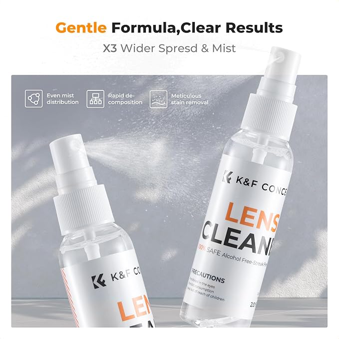 K&F CONCEPT Lens Cleaner Spray Kit,Microfiber Cloth X2,Glasses Cleaner X2 | 60ml Mild Cleaning Liquid,High Density Cloths,Individually Packaged,Washable & Reusable,For Eyeglasses,Screen,and Camera,MK01 - Image 3