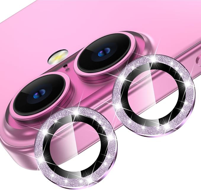 YWXTW for iPhone 16 Plus/iPhone 16 Camera Lens Protector, Individual Anti Scratch Metal Ring Tempered Glass Camera Screen Protector for iPhone 16 Accessories, Case Friendly (Purple Glitter) by YWXTW
