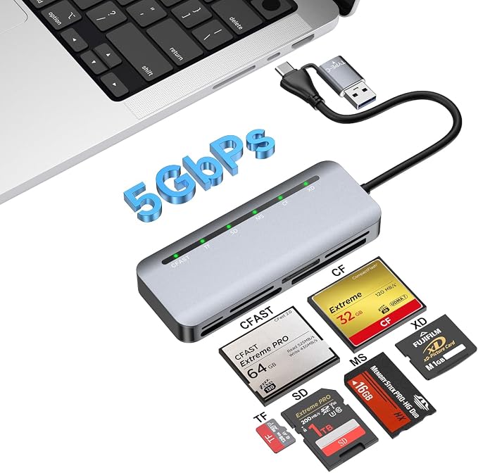 CFast Card Reader 6-in-1, USB 3.0 Multi Card Reader for CFast/CF/SD/TF/XD/MS, Simultaneous Read 6 Cards, 5Gbps High-Speed Data Transfer, Aluminum, Compatible with MacBook, Windows, PC, iPhone 17-15 by Rytaki+Pro