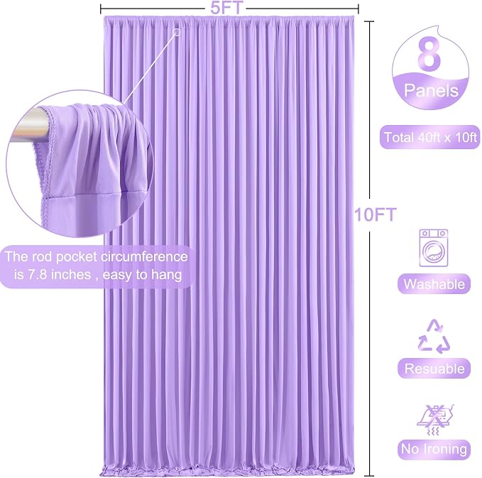 8 Panels Lavender Backdrop Curtain for Parties Wedding Wrinkle Free Light Purple Photo Curtains Backdrop Drapes Fabric Decoration for Baby Shower Photoshoot 40ft(W) x 10ft(H) - Image 5