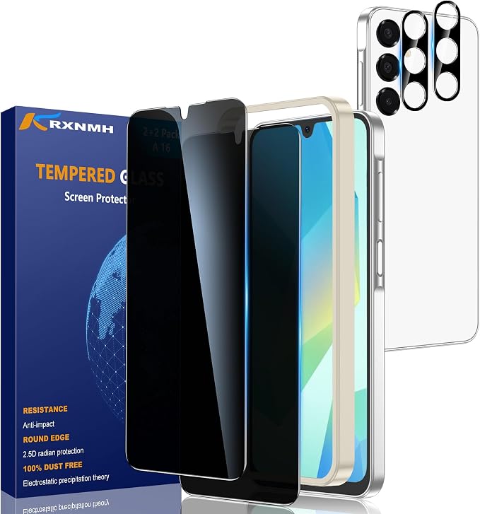 for Samsung Galaxy A16 Privacy Screen Protector Camera Lens Protector | 2+2 Pack, Anti Spy, 9H Tempered Glass,Fingerprint Unlock, Full Coverage, Anti-Scratch, Round Edge, Bubble Free, Easy Install by RXNMH