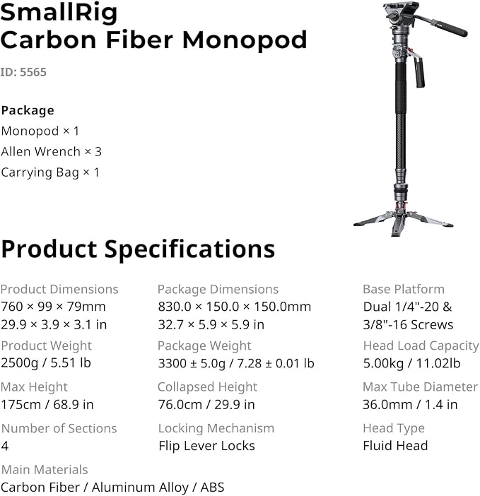 SmallRig 175cm / 68.9" Carbon Fiber Video Monopod for Camera, Compact Camera Monopod with One-Button Lift & Lock, Max. 5kg Playload Fluid Head Fits for DJI RS and for MFT 501L - Image 9