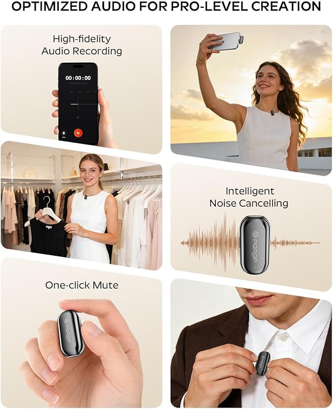 PQRQP Wireless Lavalier Microphone for iPhone/iPad/Android, 164ft Transmission, Mini Microphone with AI Noise Cancellation & Hi-Fi Sound, 24H Charging Case, Mic Ideal for Video Recording - Image 5