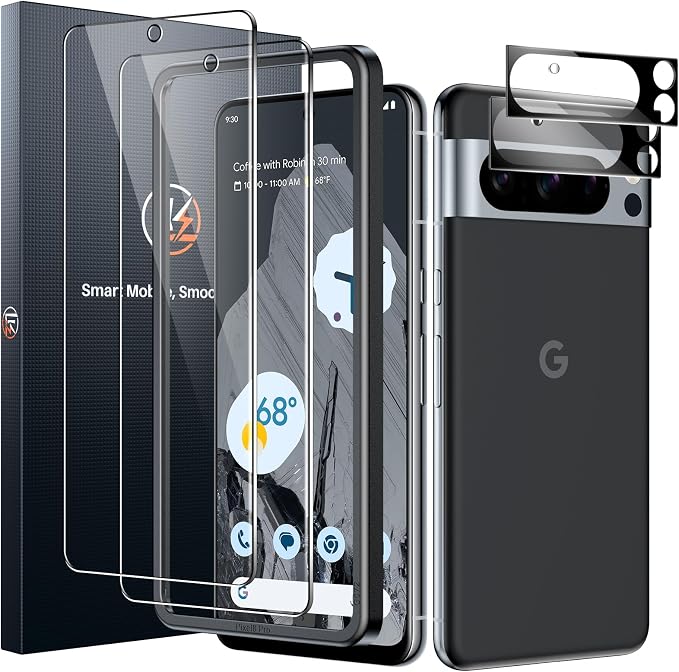 LK 2+2 Pack for Google Pixel 8 Pro Screen Protector+Camera Lens Protector | Fit Lens Cutouts Ports, Support Fingerprint Unlock, Bubble-Free, with Easy Installation Tool by LK