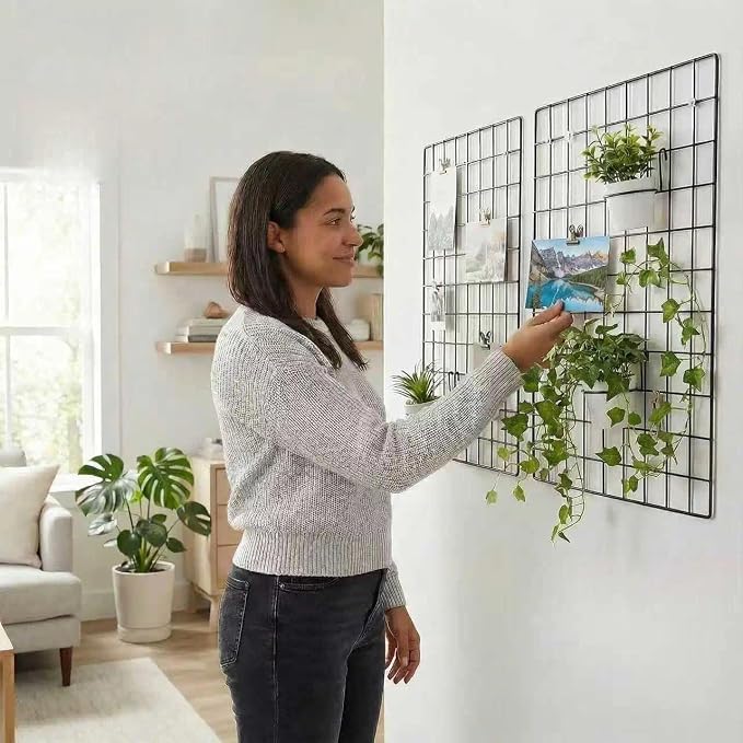Kaforise Wire Wall Grid Panel, Multifunction Painted Photo Hanging Display and Wall Storage Organizer, Pack of 2, Size 25.6x17.7inch, Black - Image 3