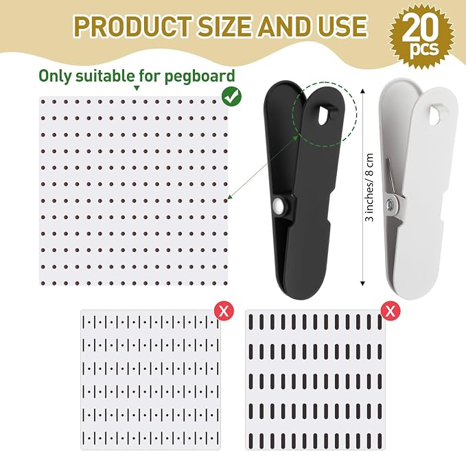 Pegboard Clips Peg board Metal Accessories Hook, Black and White, 20 Pcs - Image 3