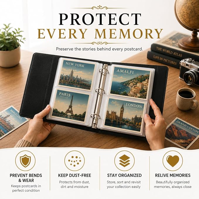Postcard Album Holder with Sleeves, Post Card Album Book Storage Binder 4x6 | Elegant organizer, 50 archival sheets hold 200 postcards. Travel collection photo album book gifts idea for collectors - Image 5
