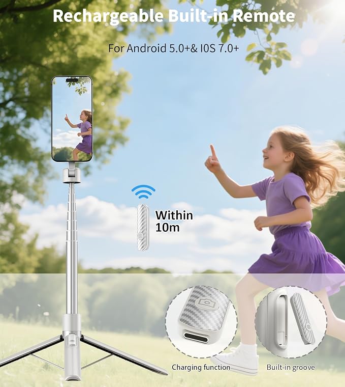 TONEOF 68" Magnetic Aluminum Phone Tripod Selfie Stick for iPhone & Android | Rechargeable Remote,360° Rotatable Foldable Cell Phone Stand Holder with Metal Ring,Travel Tripod for Magsafe (Beige Gray) - Image 6