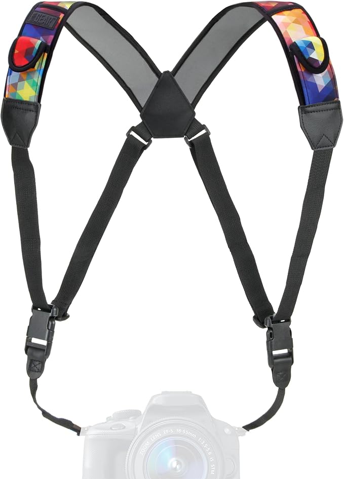 USA Gear DSLR Camera Strap Chest Harness with Quick Release Buckles, Geometric Neoprene Pattern and Accessory Pockets - Compatible with Canon, Nikon, Sony Point and Shoot and Mirrorless Cameras by USAGEAR