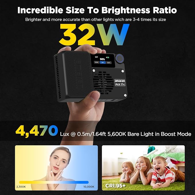 Amaran Ace 25c RGBWW LED Video Light Pocket Creator Light | 32W Boost Mode, 2300K-10000K RGBWW, 1171 Lux Output at 5600K, 4500mAh Battery, USB-C PD Fast Charging, Charcoal - Image 5