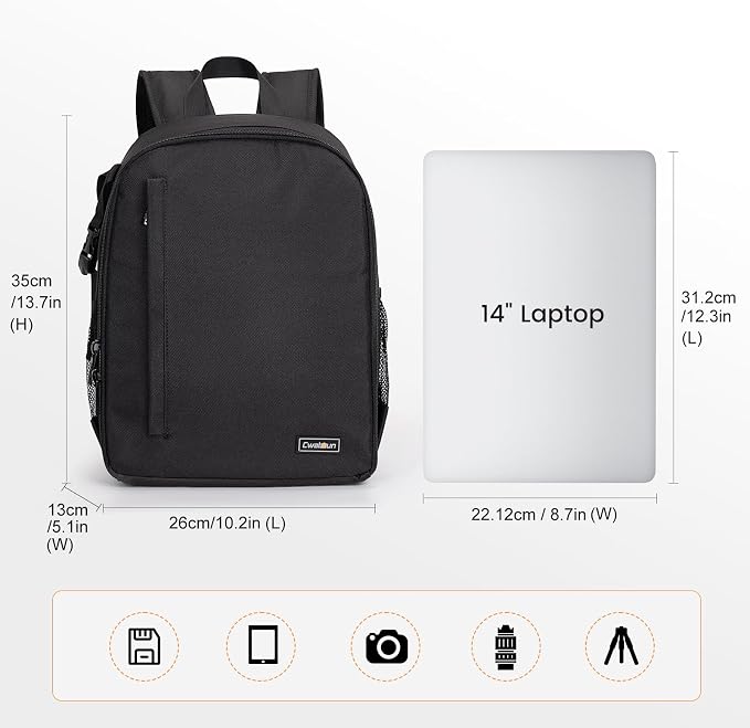 Cwatcun Camera Backpack Bag Water-resistant DSLR SLR for Canon/Nikon/Sony | Professional for SLR DSLR Mirrorless Camera Bag Case And Lens And1DSLR body+3-5 lenses+flash+tripod+14" iPad. - Image 9
