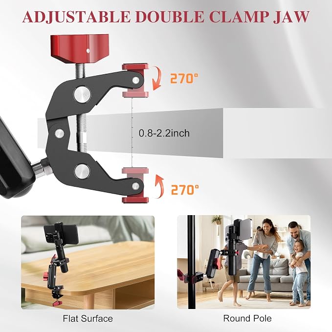 Super Clamp Double Camera Clamp,Dual Clip Mount with Magic Socket Arm - 3/8" & 1/4" Screw, Heavy-Duty Clamps for Desk & Cross Bars& Tripod & Handlebar,All Metal -Max Load Capacity 8.8LB,JC010 - Image 4