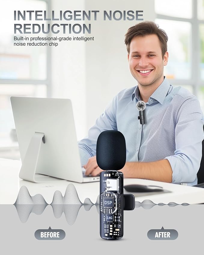 PQRQP 3 in 1 Professional Wireless Lavalier Microphone for iPhone/Android/Camera, Wireless Microphones, Mini Microphone, Crystal Clear Sound Quality for Recording, Live Streaming, Clips-Elegant Black - Image 3
