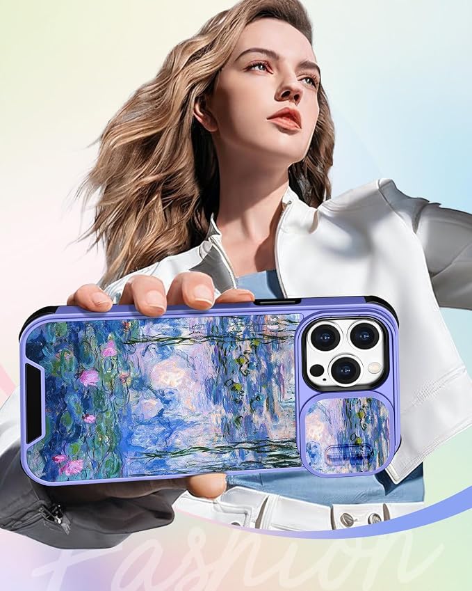 Buleens for iPhone 15 Pro Case 6.1 Inch - with Ring Stand & Camera Cover Aesthetic Cute Designed for Women Girls Girly Pretty Blue Water Lily for Phone Case for iPhone 15 Pro Compatible with Magsafe - Image 6