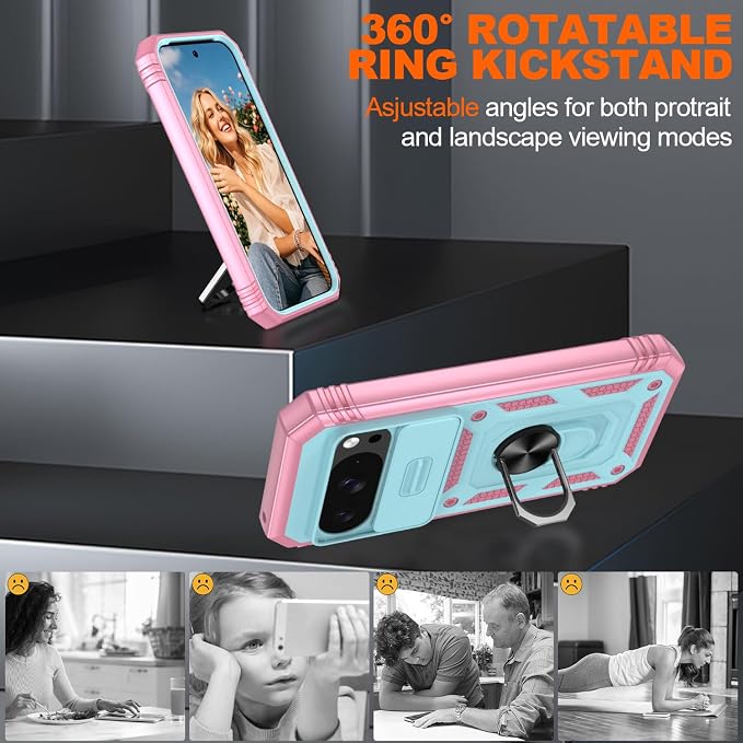 Gritup for Pixel 10 Case: Pixel 10 Pro Case with 2*Screen Protector, Magnetic Stand & Slide Camera Cover, Shock Proof Military-Grade para Google Pixel 10/10 Pro Cover, Green+Pink - Image 8
