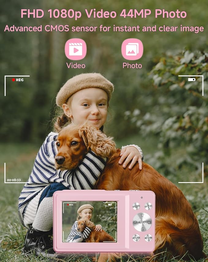 Digital Camera for Kids, FHD 1080P 44MP Point and Shoot Digital Camera with Face Detect, Smile Capture, 16X Zoom, 20 Filters, Anti Shake, Pink Compact Vintage Camera - Image 2