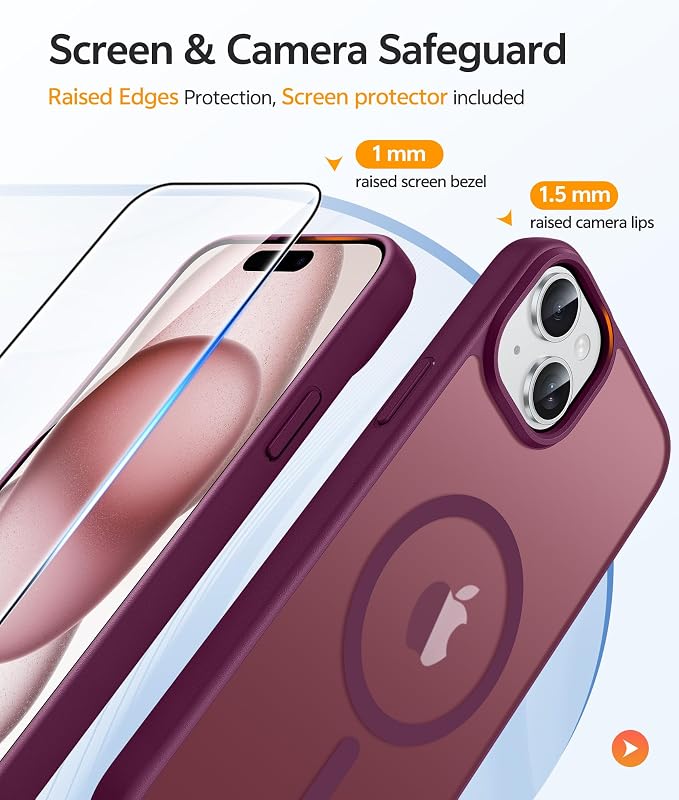 FNTCASE for iPhone 15/14/13 Case, Fit for Magsafe, Glass Screen Protector | Translucent Matte, Magnetic Phone Cases, 14FT Military Grade Drop Protection, Slim Shockproof Protective Cover, Wine Red - Image 4