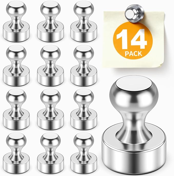 FINDMAG 14 Pack Silver Fridge Magnets, Whiteboard Magnets for Kitchen | Magnetic Push Pins for Photos and Pictures on Refrigerator, Classroom, Locker, Accessories Decorative, Reusable Design by FINDMAG