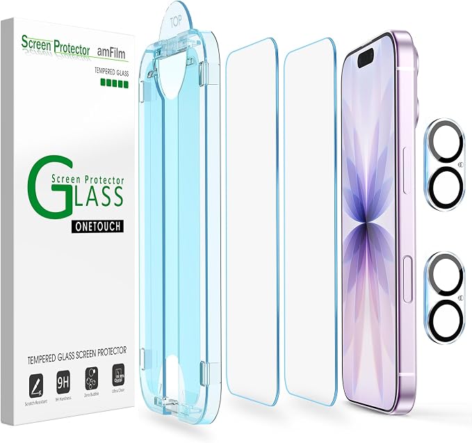 amFilm OneTouch for iPhone 17 Screen Protector 6.3'' Tempered Glass | Auto-Alignment, 30s Install, Bubble Free, Scratch & Drop Protection, HD Clear, Camera Lens Protector, 2+2 Pack (17-6.3'') by amFilm