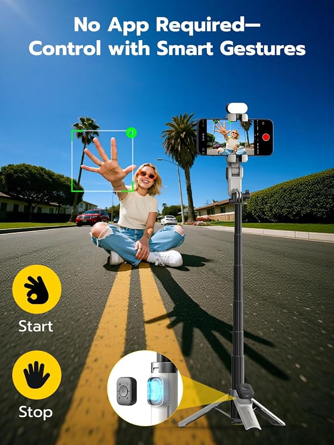 AOCHUAN 360° Rotation Gimbal Stabilizer for iPhone w/14.2" Extension Rod | Wireless Remote Face/Object Tracking Gimbal, 4 in 1 Phone Gimbal w/One-Touch Open Tripod for TikTok-M3 Promini White - Image 2