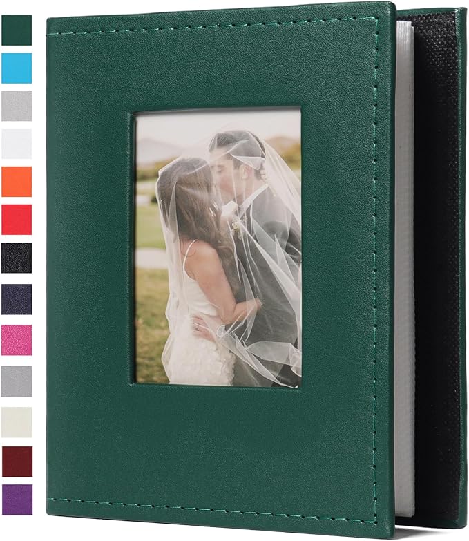 RECUTMS Small Photo Album 4x6 52 Photos Leather Family PhotoBook Dark Green | White Pages, 52 Vertical Pockets, Mini Albums for Baby Vacation, Travel Wedding Pictures Book with Front Window, Portable by RECUTMS