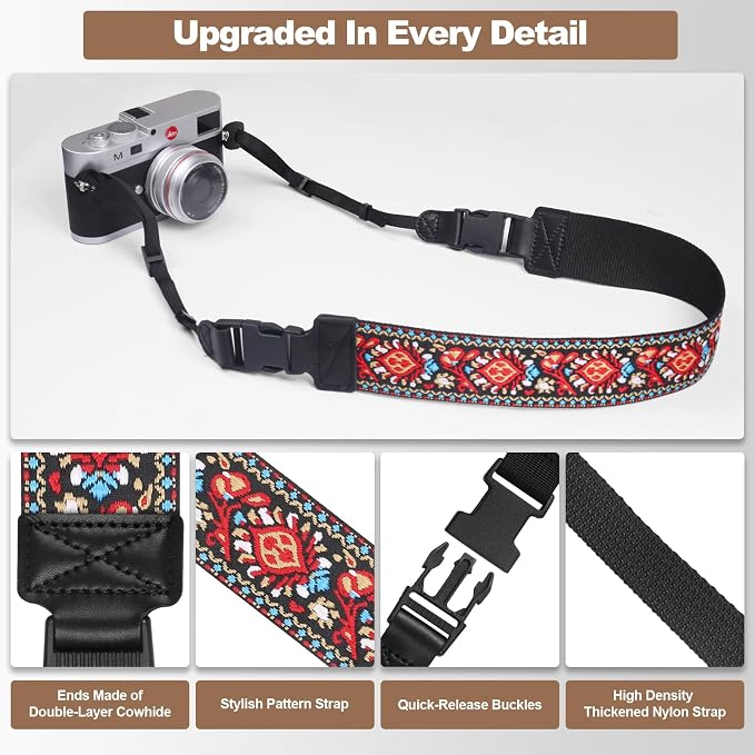 Adjustable Camera Neck Strap, Vintage Embroidered Shoulder & Crossbody Camera Strap with 4 Connection Ways, Anti-Slip Camera Strap for DSLR, Mirrorless & Camcorder, Travel & Outdoor Photography Gear - Image 5
