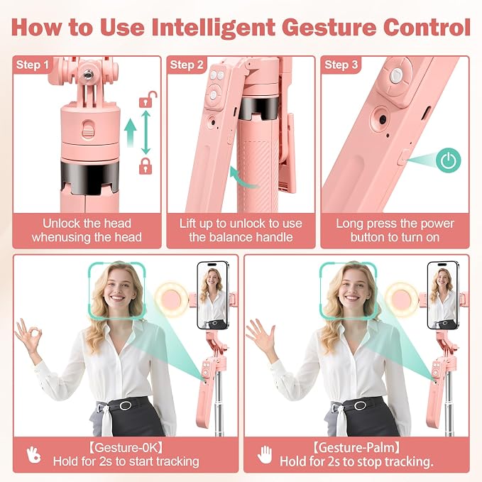 70.9" Auto Face Tracking Selfie Stick Tripod for iPhone with Light, 360° Rotation & Gesture Control, Cell Phone Tripod with Remote for TikTok/Vlog/Live Stream, Compatible with iPhone/Android - Image 3