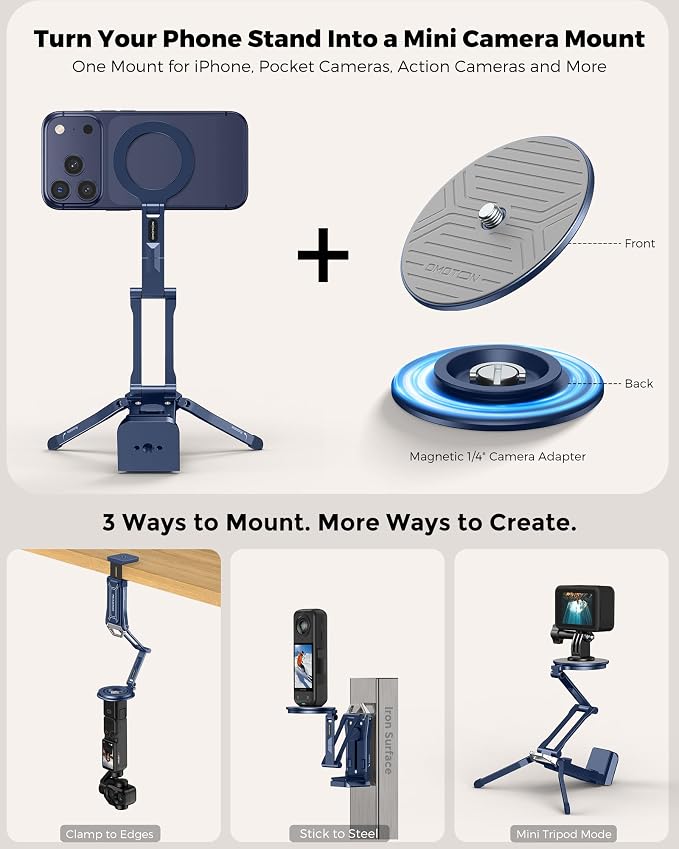 OMOTON TP02-Ultra Multi-Device Camera & Phone Mount with 1/4" Adapter, Blue | Built-In 1/4" & Arca Base, Clamp, Magnetic & Tripod Setups for iPhone, Pocket/Action Cameras, Overhead & Low-Angle Filming - Image 2
