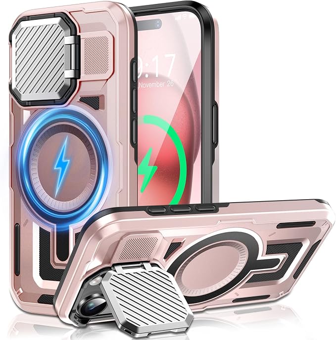 Camera Stand Case for iPhone 15, [Compatible with Mag Safe] [Lens Cover] 2024 Version Military Grade Protective Soft Case for iPhone 15 6.1 inch Men Women, Pink by WASTROYAL