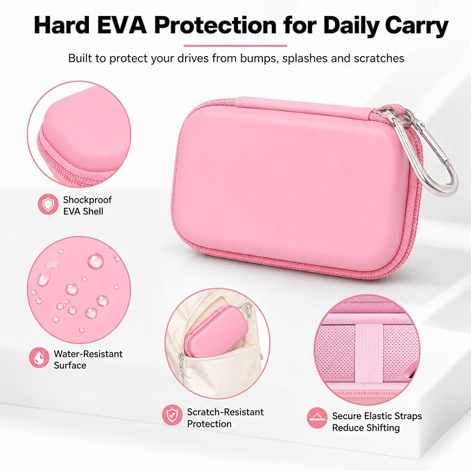 Comecase Dual SSD Case for SanDisk Extreme Portable SSD and Extreme PRO | Holds 2 Drives & 12 SD Cards, Elastic Strap Fit 500GB/1TB/2TB/4TB/8TB, Cable Groove & Carabiner for Travel, Pink, Box Only - Image 6