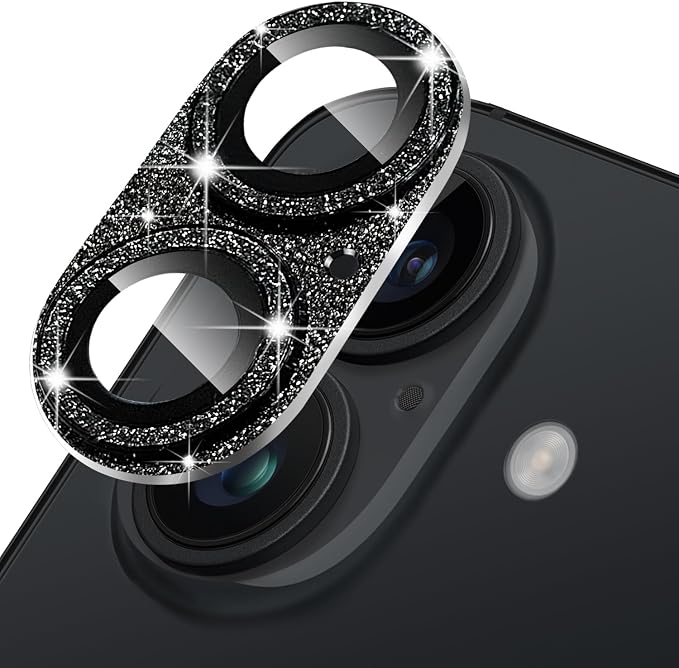 Compatible with iPhone 16 and 16 Plus Camera Lens Protector, Bling Sparkle Lens Cover 9H Tempered Glass Anti Scratch Shockproof Full Protective Camera Cover for Women Girls, Black by Hsefo
