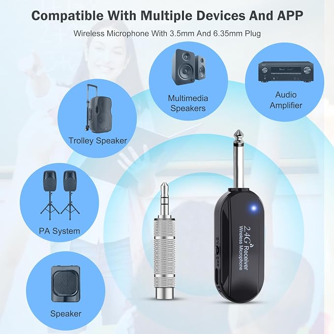Wireless Microphone Headset Double Professional: Cordless Mic Head for Two People, Heads Handheld Mics 2 in 1- USB-C Rechargeable - 1/4'' and 1/8'' Plug for PA System, Voice Amplifier,Teaching,Fitness - Image 4