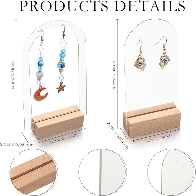 Yulejo Acrylic Earring Display Stand Jewelry Retail Holder Arch Acrylic Holder for Studs Dangle Earrings Solid Hollow Sign Stand Jewelry Displays with Wooden Bases - Image 2