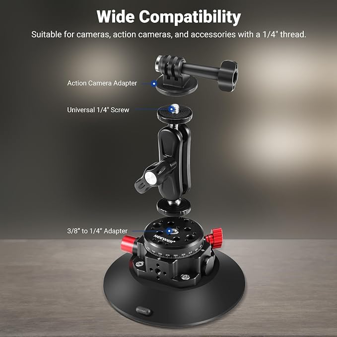 NEEWER 6" Suction Cup Camera Mount with Ball Head Magic Arm, 2 Pack, CA013 | Metal Car Mount for Camera/Action Camera/Phone, Air Pump Vacuum, On Car or Window Glass, 1/4" 3/8" Mounting Holes for ARRI - Image 3