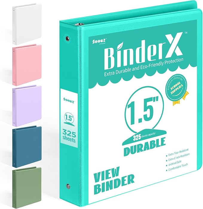 BinderX 3 Ring Binder 1.5 Inch, 1.5" Clear View Binder, Aqua Blue, Letter | Extra Durable, PVC-Free, Customizable, Interior Pockets, 325-Sheet Capacity, Eco-Friendly, Reinforced Hinge, School, Office by Sooez