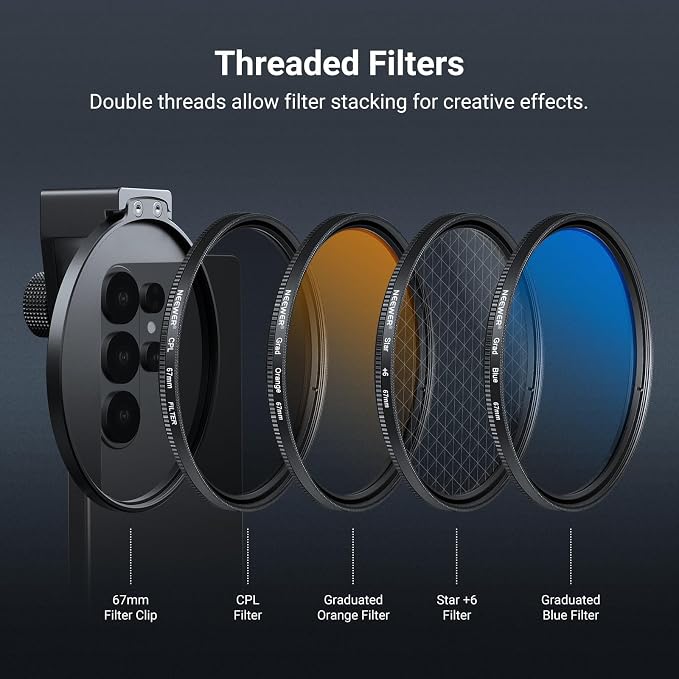 NEEWER Clip On 67mm Phone ND Filter Kit with Cold Shoe Lens Clip, CPL/ND32/6 Point Star/4 Graduated Color Filter Compatible with iPhone 17 16 16e 15 Android Samsung Galaxy S25 Ultra S24 - Image 8
