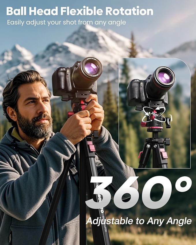 CAMBOFOTO 68" Travel Tripod for Camera Phone Camcorder, Ball Head, Aluminum | Portable Tripod Stand with Phone Holder & QR Plate, Compatible with iPhone Video Recording DSLR Mirrorless Film, Load 8.8lbs - Image 3