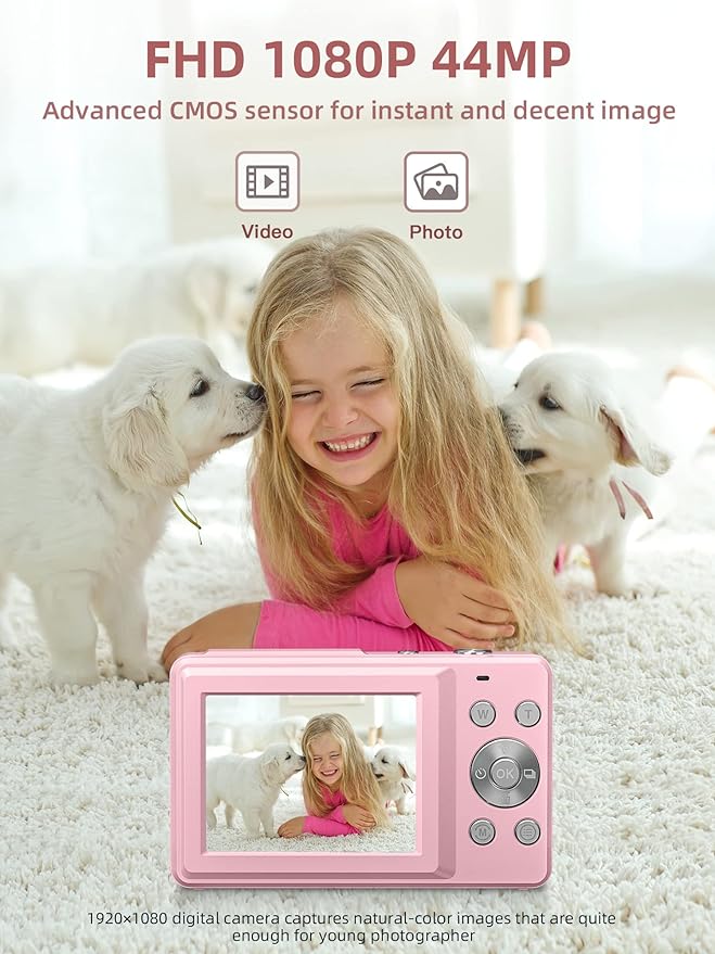 Camkory Digital Camera FHD 1080P with 32G Card 16X Zoom Easy for Kids Pink | Compact camera with anti-shake, Includes 2 batteries & charger. Perfect for parties, trips, birthdays gift from parents. - Image 2